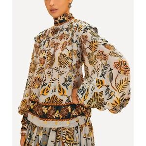 FARM RIO $250 Metallic Floral Tapestry Long Sleeve Blouse Women's‎ Size Medium
